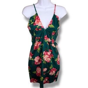 Juniors Large Forever 21 Green Floral Sleeveless Dress Deep Vneck Pink Rose